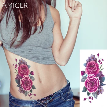  1 Bucată Indian Arabă Fals Temporară Flash Henna Tatuaj Autocolante Rose Purpuriu Flori Braț, Umăr, Picior, Tatuaj Impermeabil Pentru Femei