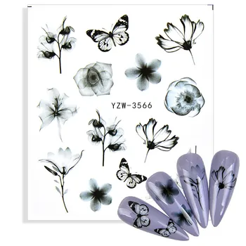  1 Foaie de Negru de Cerneală Pictura Înflorit Apă Decal Flori de Insecte Model Fluture Autocolant Nail Art Decor DIY Filigran Slider