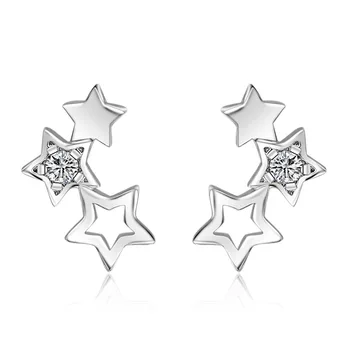  100% argint 925 moda gol afară de trei stele cristal doamnelor'stud cercei bijuterii Anti alergie cadou femei ieftine