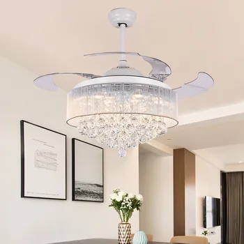  100% CRISTAL Ventilator de Tavan Decorative de Argint Fan Corpul Retractabil Palete Ventilator Camera de zi Lumina LED Fan Cristal Sala de Mese