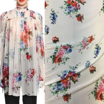  145 cm Lățime Moda Alb de Flori Imprimate Subțire Tesatura de Sifon Pentru Femei Rochie Bluza Pantaloni DIY Pânză de Cusut Material