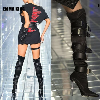  2020 de Moda pentru Femei Peste genunchi Cizme Centura Impodobita Cizme a Subliniat Toe Pista Nit Catarama Metalica Toc Gladiator, Cizme Femei