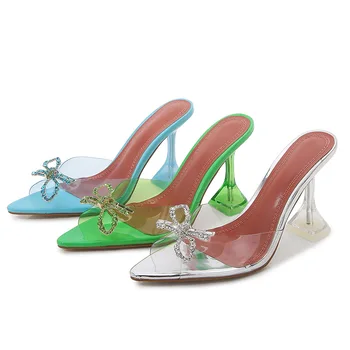  2021 Nou Funda Mare Stras Catarama Pantofi De Nunta De Cristal Rosu Cu Toc De Moda Sandale Papuci Femei