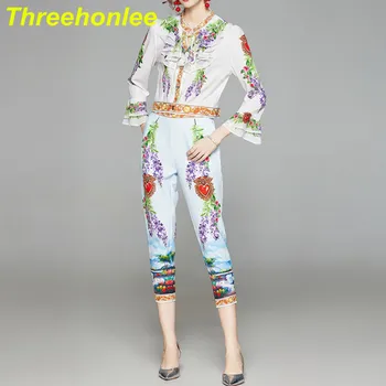  2021 Vara Femei Printted costum din Două piese Noi OL Tipărite O-gât Volane Flare sleeve Bluza + Bovina-lungime Pantaloni Seturi