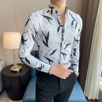  2022 Nouă Primăvară Toamna Barbati Slim Fit Maneca Lunga Casual Tricouri Imprimate Bluza de Afaceri de Moda Stil coreean Masculina Topuri W440