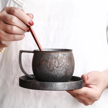  260 ml creativ retro cana cu lingura simplu câteva ceramică cana de apa de birou Japoneze manual gresie cană cafea și farfurie
