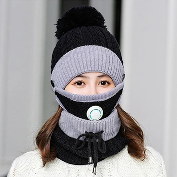  3 Buc/set Iarna Tricotate Pălării Pentru Femei Cu Mască de Respirație Pălărie de Blană de Iarna se Adauga Cald Fata 2in1 Căptușite Pălărie de Protecție Capac de Moda
