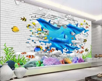  3d imagini de Fundal fotografie personalizate murală zid de cărămidă ocean delfin de corali tropicale pește acasă decor camera de zi tapet pentru pereti 3d