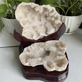  800-1000g Mare Alb Natural Agate Geode Felie Cristal de Cuarț Cluster Minerale Vindecare Reiki Specimen Decor Acasă+Lemn