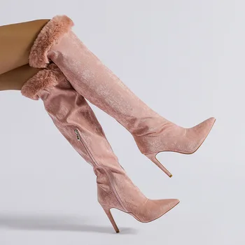  A Subliniat Toe Stilet Tocuri Cizme Genunchi Ridicat Lateral Cu Fermoar Lung Botas New Sosire Casual Pantofi Pentru Femei De Moda Zapatos Mujer