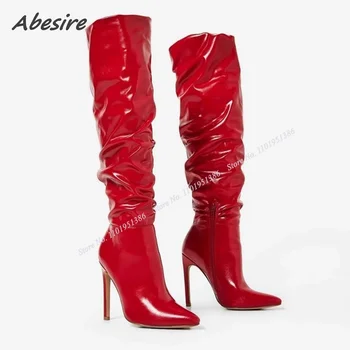  Abesire Roșu Cutat Fermoar Lateral Cizme Piele peste Genunchi, Cizme cu Toc Subtire Pantofi pentru Femei cu Toc Zapatillas Mujer