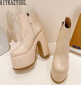  AIYKAZYSDL Rotund Toe Glezna Cizme pentru Femei Platforma Bloc Super Pantofi cu Toc Gros, Talpa de Jos Liane Pompe Papuceii Plus Dimensiune