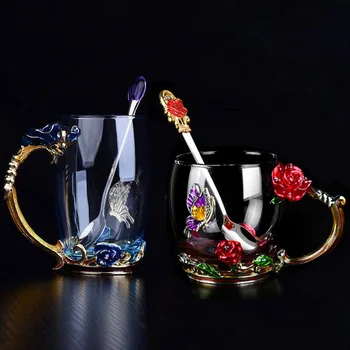  Albastru/Rosu Email Crystal Ceașcă Ceai de Flori de Sticlă de Înaltă calitate de Sticlă Cana de Apa de Flori de Cana cu Maner Cadou Perfect Pentru Iubitul Nunta