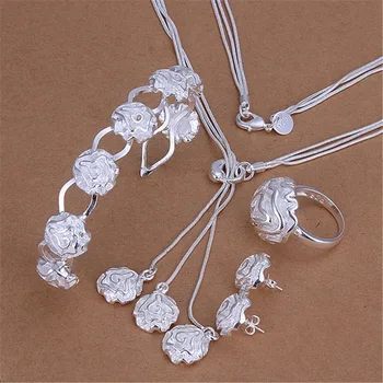  Argint 925 inele Bratara coliere cercei stud Destul de crescut flori brățară set de Bijuterii pentru femei de Moda de Petrecere de nunta