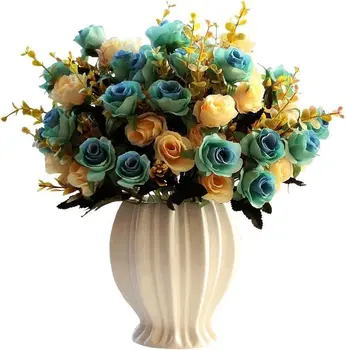  Artificiale Buchete de Trandafiri cu Ceramica Vaza Fals a Crescut de Flori Decor pentru Masa de Birou Acasă Nunta-Albastru