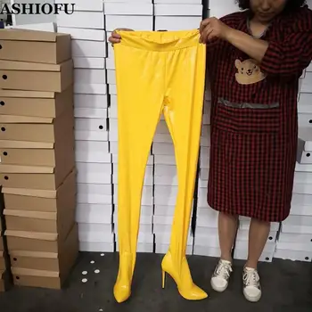 ASHIOFU 2020 Nou cu Toc Femei Pantaloni-cizme Real fotografii din Piele Peste Genunchi Cizme Sexy Stripteuză Club de Seara, Cizme de Moda Pantofi