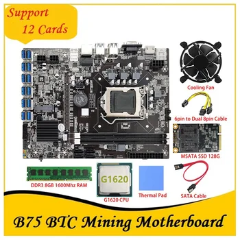  B75 BTC Mining Placa de baza 12 PCIE La USB LGA1155 MSATA SSD 128G+DDR3 8GB 1600Mhz RAM+6pini La Dual 8pini prin Cablu B75 Miniere