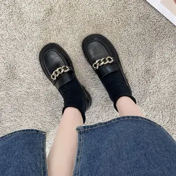  Balerini negri Pantofi pentru Femeie Pantofi de Piele Stil Britanic Confortabil Toate-meci Casual Mocasini Pantofi Lanț de Metal Talpă Moale