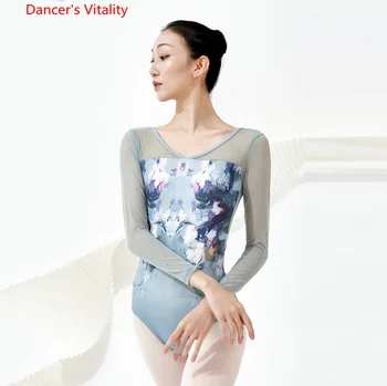  Balet-Dans Costum De Plasă De Despicare Cu Maneci Lungi Imprimate Dans Costum Adult Arta De Examinare De Formare Gimnastica Loetard Fata De Balet