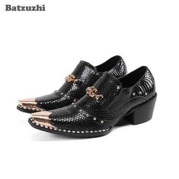  Batzuzhi de Lux lucrate Manual pentru Bărbați Pantofi de Piele a Subliniat Deget de Metal Negru din Piele Pantofi Rochie Oameni de Afaceri de 6,5 cm Tocuri inalte