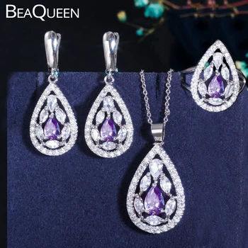  BeaQueen Nou Brand de Moda Pere Picătură Violet Cristal CZ Culoare Argintie 3pcs Cercel Inel Colier Seturi de Bijuterii pentru Femei JS017