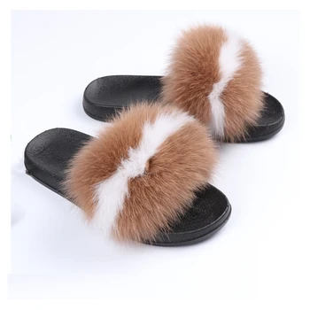  Blană Papuci Sandale Flip-flops Stil Real Blană de Vulpe Non-alunecare de Blană 2020 Fxfurs Noi de Moda pentru Femei de Vara Plat (≤1 cm) Plat cu