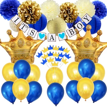  Bleumarin Copil de Dus Decor Coroana de Aur Baloane Folie Cupcake și Hârtie pentru Băiat Gen Dezvăluie