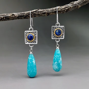  Boem Antichități Albastru Pin Jad Agățat Cercei Două Culoare Thai Argint Lapis Lazuli Formă de Picătură de Apă Bijuterie Cercei en-gros