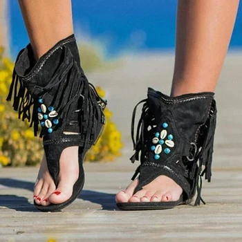  Boemia De Vara Femei Sandale Stil Etnic Ciucuri Doamnelor Cizme Glezna Sandale Pantofi Roma Gladiator Thong Sandale Plate