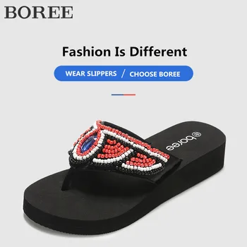  Borée Etnice Stil Flip-Flops pentru Femei de Vară Pene Pantofi Platforma Lucrează Mână Șir de Mărgele Papuci de Plaja EVA femme Sandale