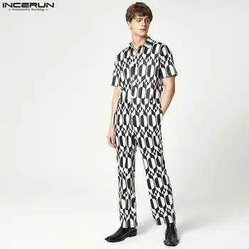  Casual Streetwear Stil Salopetă INCERUN Moda pentru Bărbați Geometrică Neregulată Imprimare Model cu Maneci Scurte Salopeta S-5XL 2022