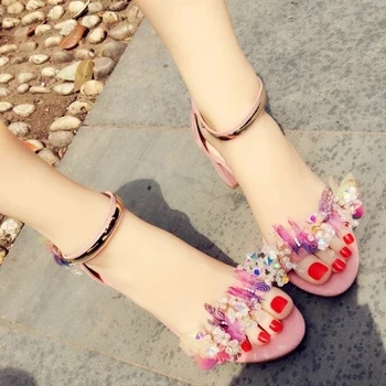  Cel Mai Nou Stil Bling Bling Cristal Decor Cataramă Glezna Curea Sandale Femei Fluture Roz Impodobita Capac Toc Pantofi De Partid
