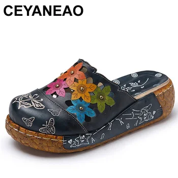  CEYANEAO 2019 Handmade Femei Papuci din Piele Închisă la Picioare Flori Platforma Pantofi Femei SlidesE1892