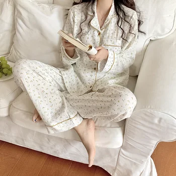  Cireasa De Imprimare De Toamnă Costum Femei Singure Pieptul Tricouri + Pantaloni Set De Două Piese Set De Pijama Moale De Bumbac Casual Pijamale