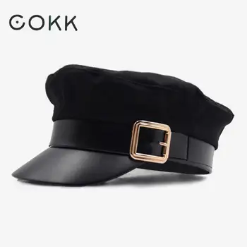  COKK Militare Pălărie Capace Bereta Pălării de Iarnă Pentru Femei Barbati Pu Piele Margine de Lână Tricot Capac Negru Os de sex Feminin de Epocă Gorra Militar