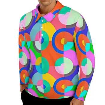  Colorate Geo Print Casual Polo Shirt Multi Cercuri Tricouri Maneca Lunga Grafic Tricou Toamna Elegante, Topuri Supradimensionate Cadou