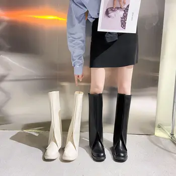  Comemore 2022 Iarna Alb Ridicat Genunchi Plat Cavaler pentru Femei Toamna Chelsea Cizme Goth Designer de sex Feminin Mid Calf Pantofi Transport Gratuit