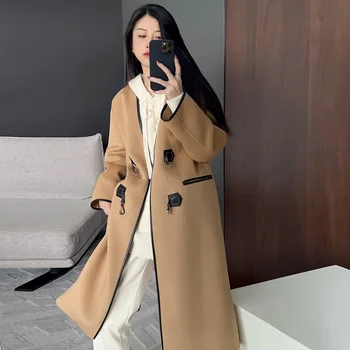  Coreea Style moda Femei Bej Kaki Lung de lână haine en-gros