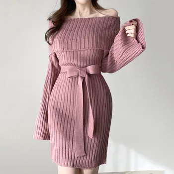  Coreeană elegant de pe umăr rochie pulover tricotat purta blând umăr rochie franceză tricot cu maneca lunga pentru femei toamna iarna