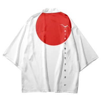  Costum din două piese Japoneze Alb rasaritul Soarelui Imprimare Cardigan Femei Bărbați Cosplay Yukata Îmbrăcăminte Harajuku Kimono Și pantaloni Scurți Seturi