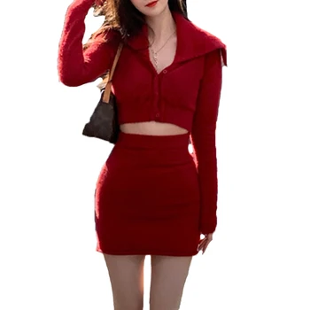  Crăciun Roșu Rever Pulover Fata Fierbinte Gol De Talie Mare Talie Sac De Șold Fusta Două Bucata Costum De Iarna Pentru Femeie De Culoare Pură Maneca Lunga