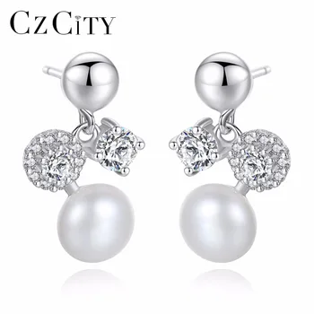  CZCITY Drăguț coreeană Cercei cu Perle AAA Cubic Zirconia Piatra de Cristal de Argint 925 Femei Perle Naturale Mic Cercel Bijuterii