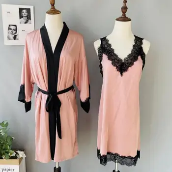  Dantela Satin Mozaic Îmbrăcăminte Acasă Nigthgown Femei Pijamale Lenjerie Intima Casual Homewear Sexy 2 BUC Kimono-Halat Set