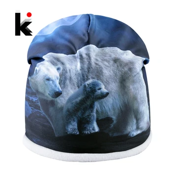  De iarnă Pălării Beanie Pentru Femei, Bărbați Plus Catifea Caldă Chelioși Căciuli de Moda Urs Polar de Imprimare 3D Palarie Unisex Os Capace de sex Masculin