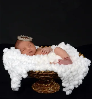  de vânzare la cald drăguț Nou Handmade lână de tricotat bile albe pătură pentru copil Nou-născut recuzită fotografie dimensiune:80*80cm 0.6 kg Sau asa