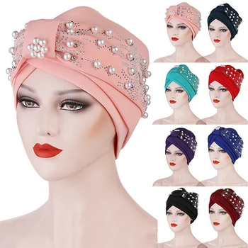  Doamnelor Turban Întinde Pânză Cap Pălării Doamnelor Accesorii De Par Musulman Eșarfă Pălării Calde Burghiu De Unghii Pearl Toe Capace Noi 2021