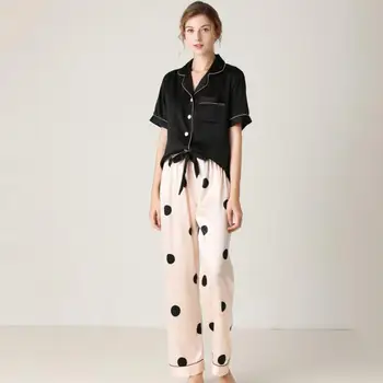  Două Piese Set de Pijama Tipărite Punct Dot V Gâtului Mâneci Scurte îmbrăcăminte de noapte de Somn Pânză Cu Pantaloni de Mătase Materiale În Stoc NW93