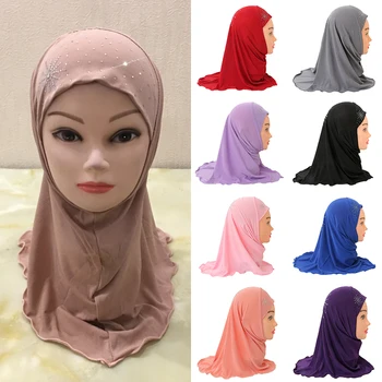  Drăguț Fete Musulmane Hijab Eșarfă cu Stras Decor Copii Islamic Simplu Turban Headwrap Șal Elastic Copil Burqa pentru 2-7 Ani