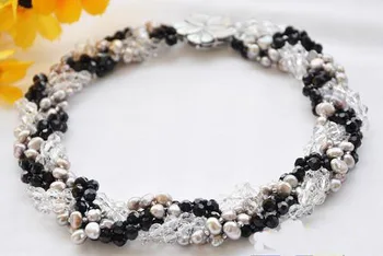  En-gros de Manoperă Bijuterii din Perle,6Rows 18inches Gri Perle Baroc Curat Negru de Cristal Fatetate Tricot Colier