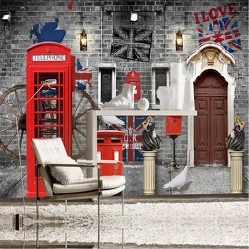  Europene și Americane Retro Nostalgie London Street 3D imagini de Fundal Fotografie pentru Cafenea Restaurant Cabina de Telefon de Cărămidă Gri Hârtie de Perete 3D